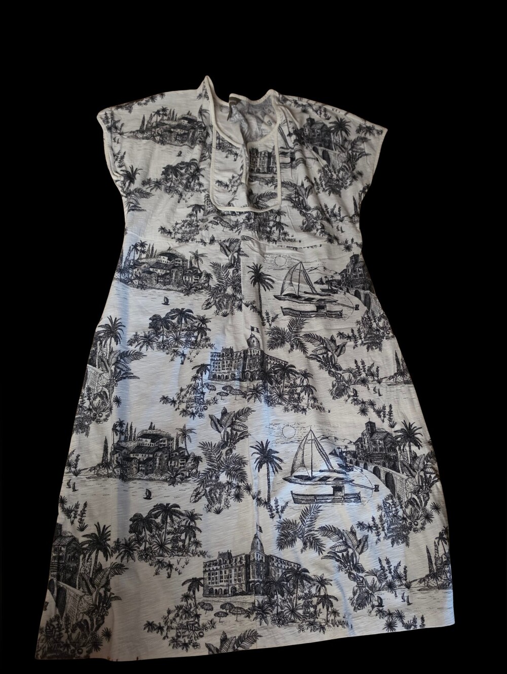 Tommy Bahama Split Neck Shift Dress S/P Black White Tropical Toile Cover Up Knit